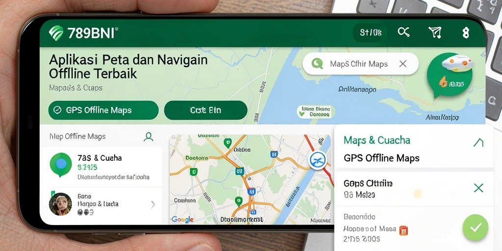 Antarmuka aplikasi 789BNI dengan fitur navigasi GPS Offline Maps.