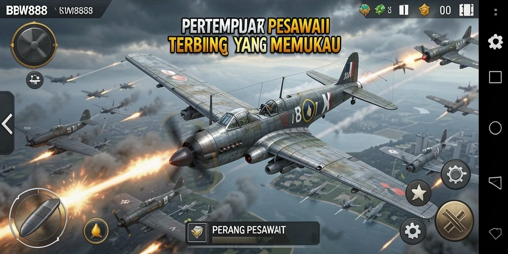Antarmuka BW888 menampilkan pesawat beraksi di langit biru yang dramatis.