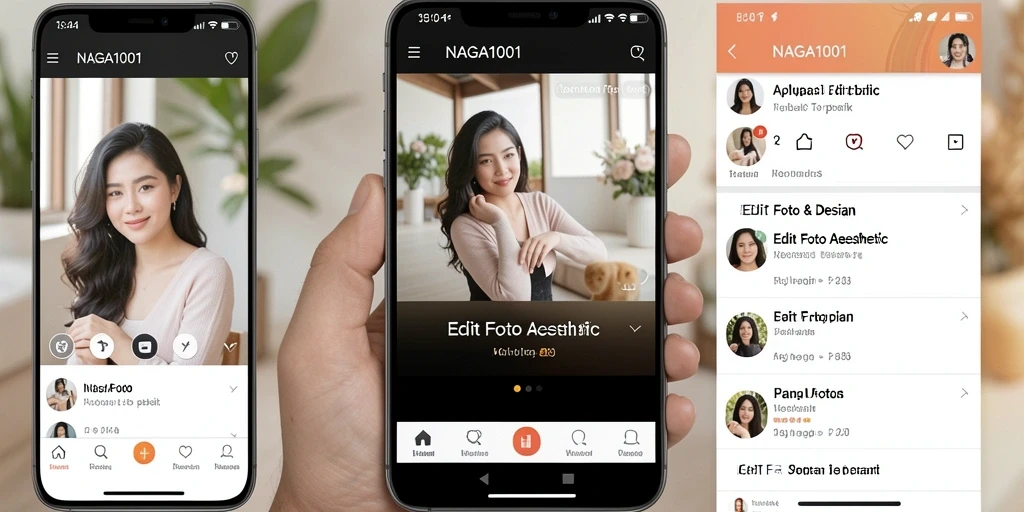 Tampilan antarmuka NAGA1001 dengan berbagai fitur edit foto aesthetic.